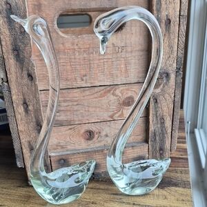 Vintage Pair of Clear and white hand blown Glass Swans